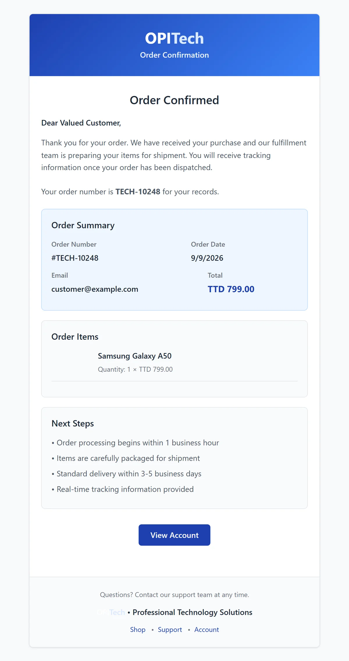 The order confirmation, rendered from the repository's own template with sample data — the catalogue's real product, a placeholder customer. No customer's email is shown.