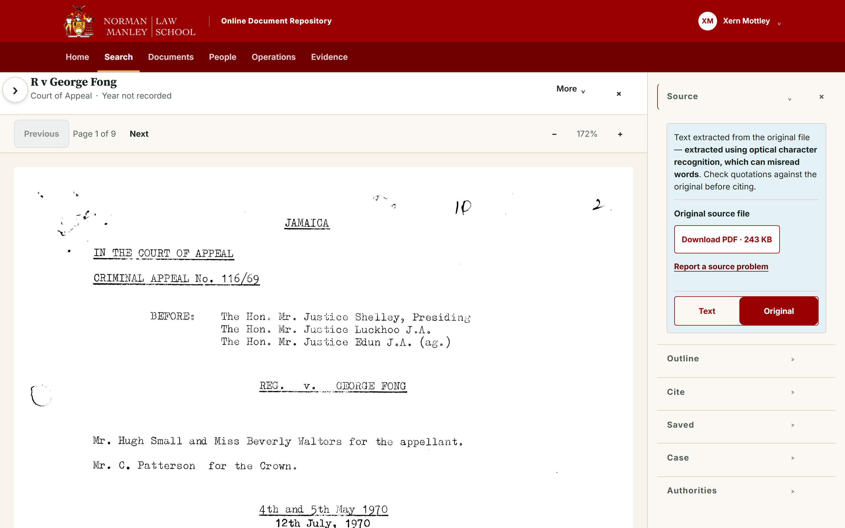 A 1970 Court of Appeal judgment — a public record — with its court, parties and pagination intact beside the original scan. The panel states that the text came from optical character recognition and may misread words, and says to check quotations against the original before citing.