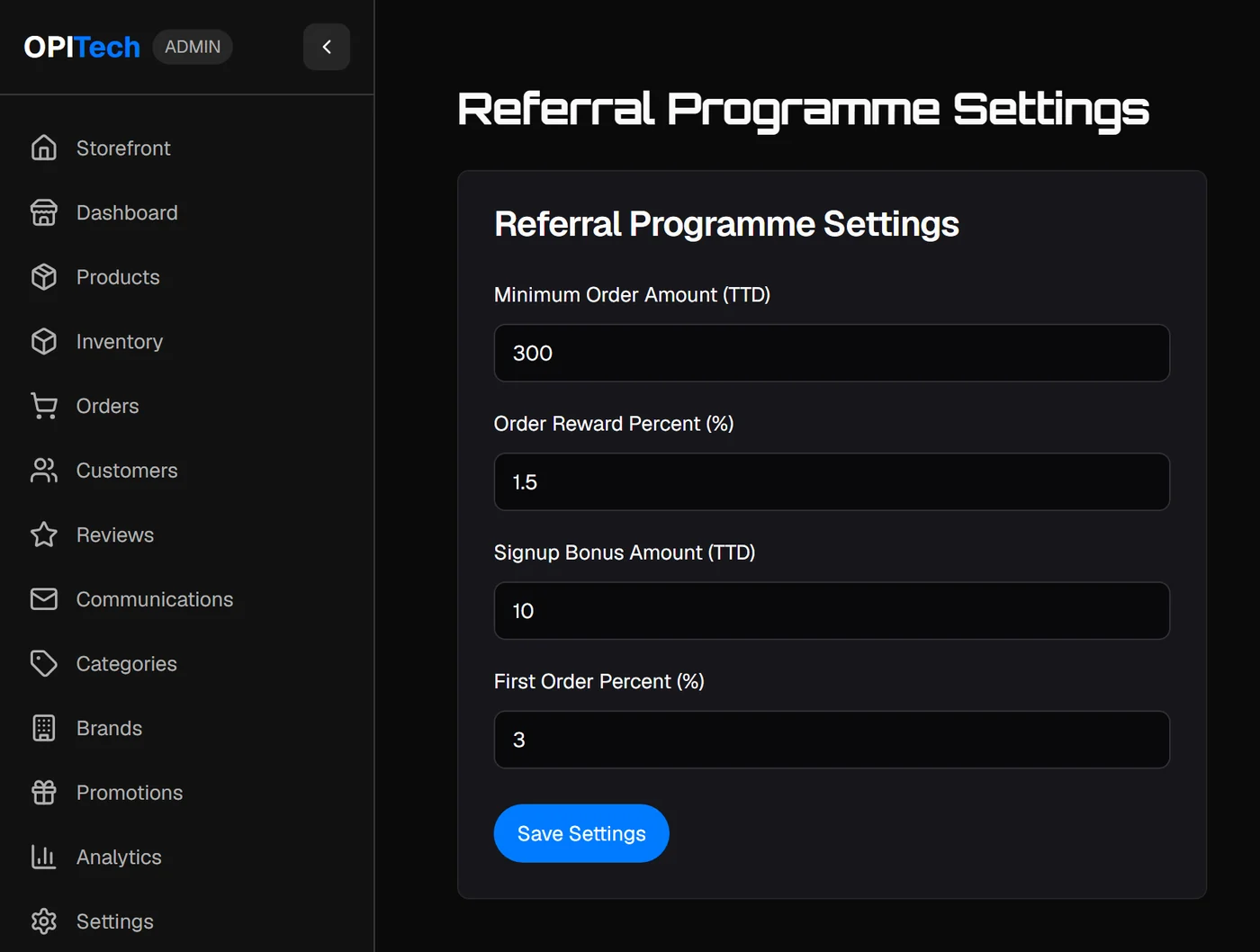 The referral programme's parameters on the surface that sets them: the order that qualifies, the reward on an order and on a first order, the signup bonus. Every change to them is audited.