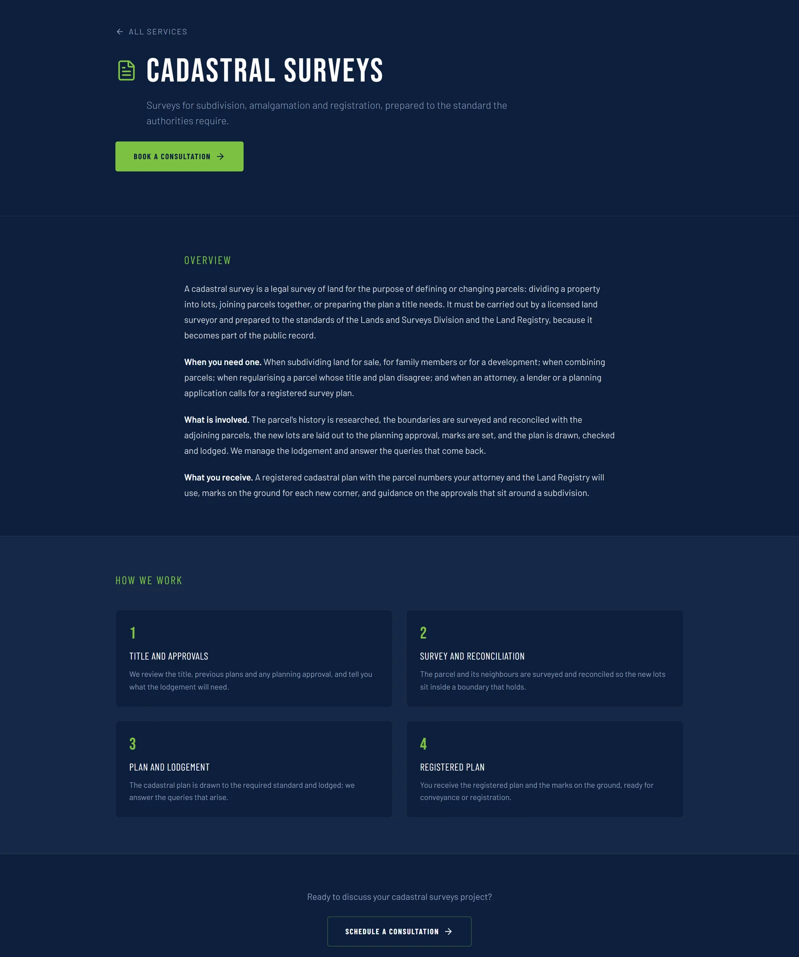 A service page with the content written in September 2026: a tagline, an overview, how the work proceeds, and the booking action. Editable by the firm's staff from the administration.