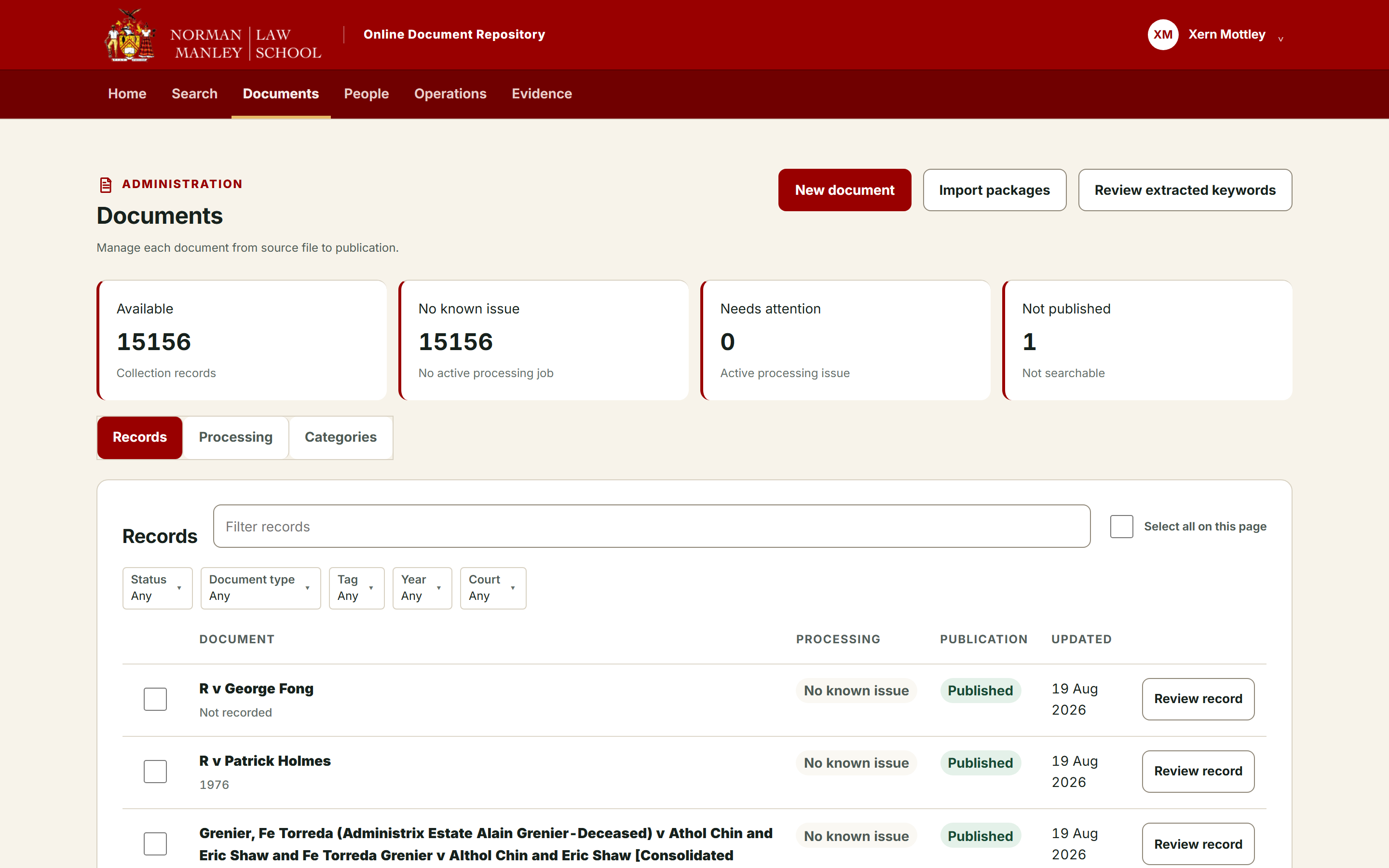 The publish gate: 15,156 records available, none with a processing issue, and the single record that is not published shown rather than omitted. Every document is managed from source file to publication.