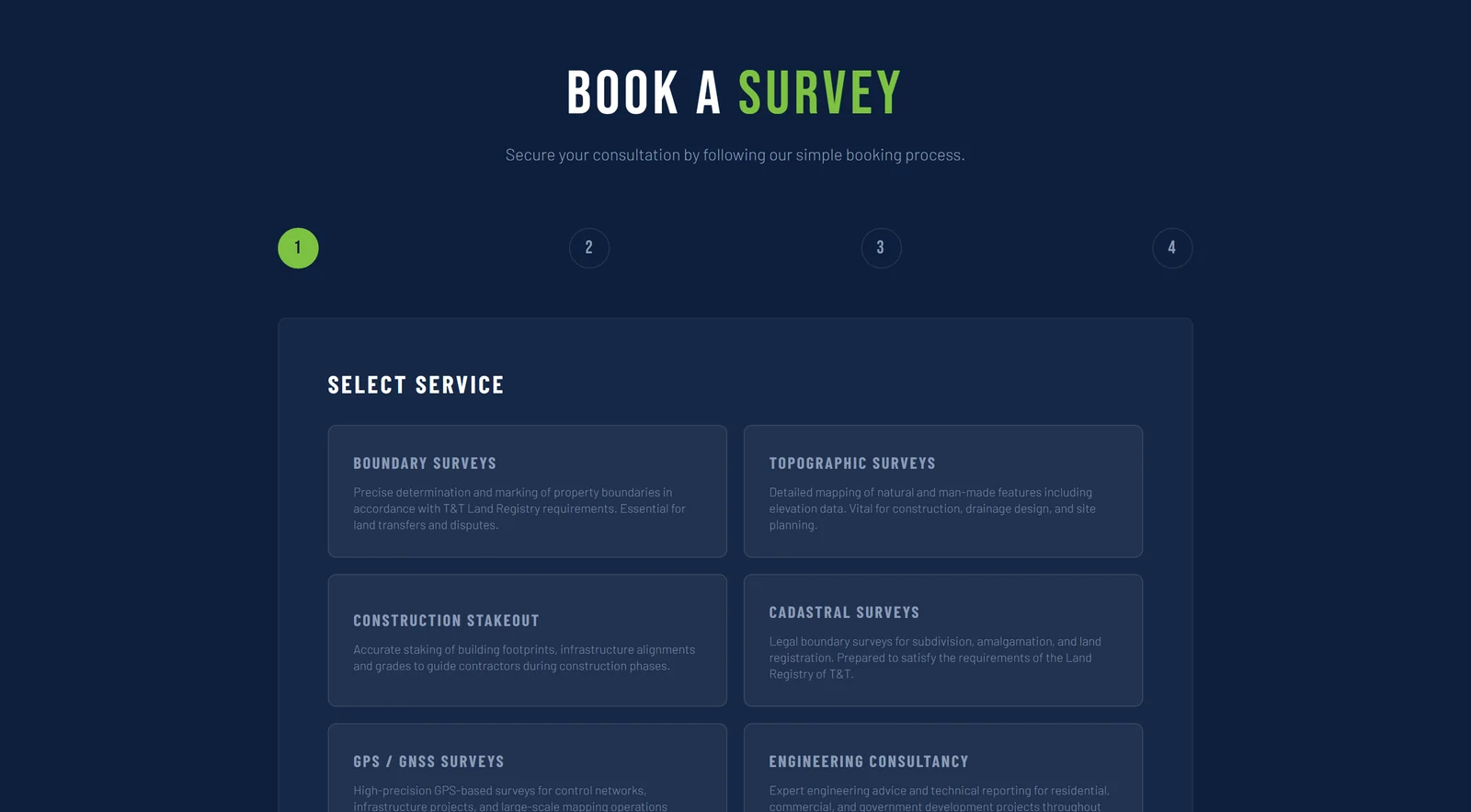 The booking wizard's first step: the six services, read from the catalogue the staff maintain. Captured locally; nothing was chosen or submitted.