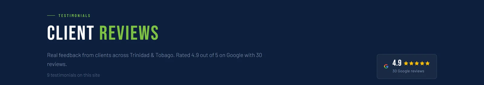 The head of the reviews page: the firm's Google rating as context, the count beside it, and the site's own testimonials counted separately.