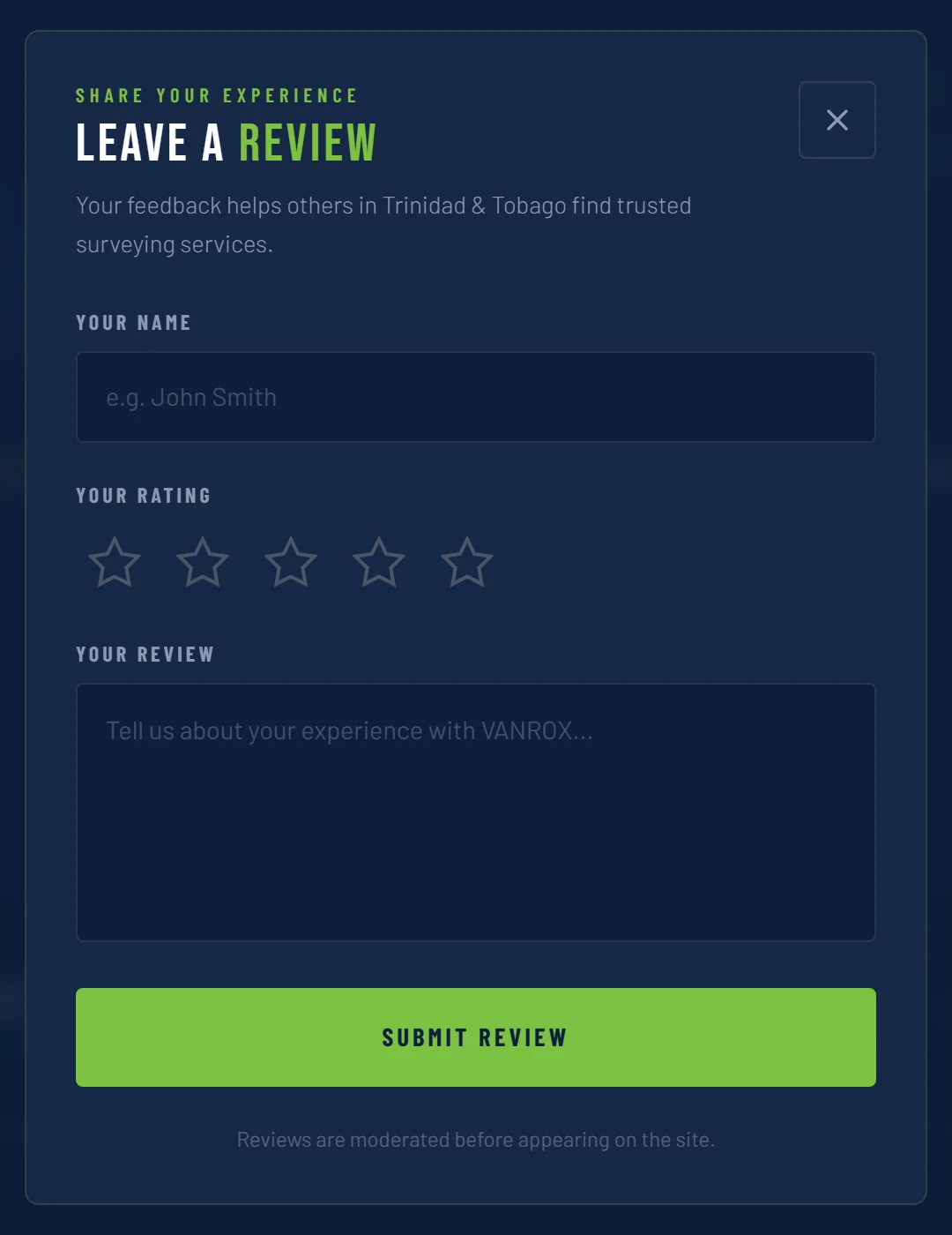 The site's own review form — a name, stars, words — held for moderation, as the form itself says. Nothing was typed.